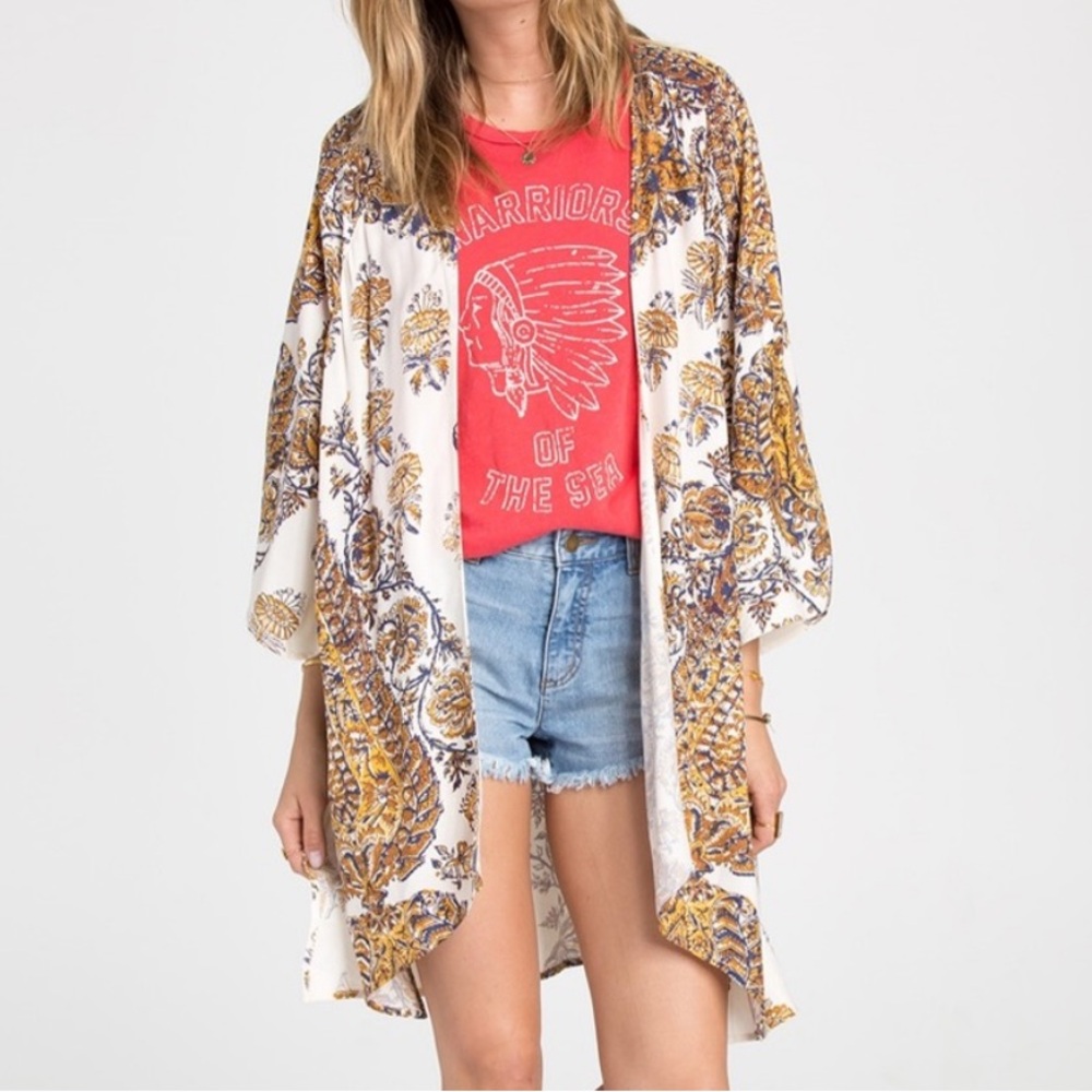 Billabong Tame Heart Fly Away Cardigan Boho Abstract Print Kimono Size L